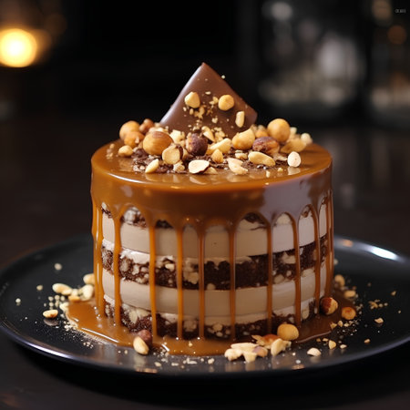 Chocolate cake with nuts on a black plate, close-upの素材