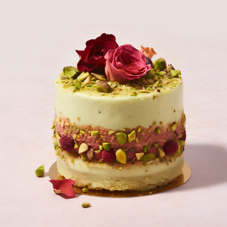 Cake with pistachios and raspberries on a pink backgroundの素材