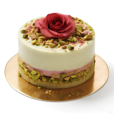 Cake with pistachios and red rose isolated on white backgroundの素材