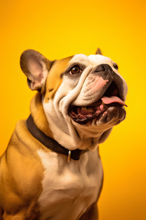 Portrait of a cute dog breed English Bulldog on a yellow backgroundの素材