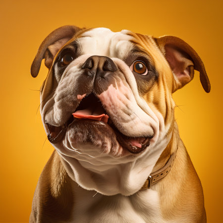 Studio shot of an adorable English Bulldog, isolated on orange background.の素材