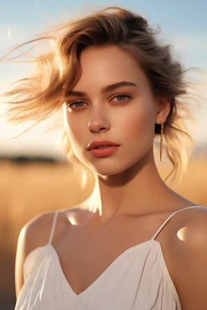 Portrait of a beautiful young girl with blond hair in a white dress on the background of a wheat field.の素材