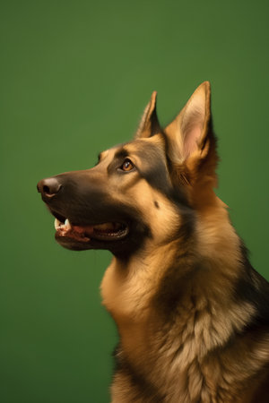 German shepherd portrait on green background. Studio shot. Close-up.の素材