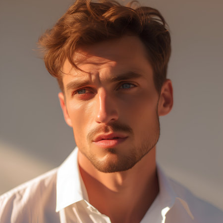 Portrait of young handsome man in white shirt. Men's beauty, fashion.の素材