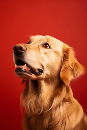 Golden Retriever dog on a red background. Studio shot.の素材