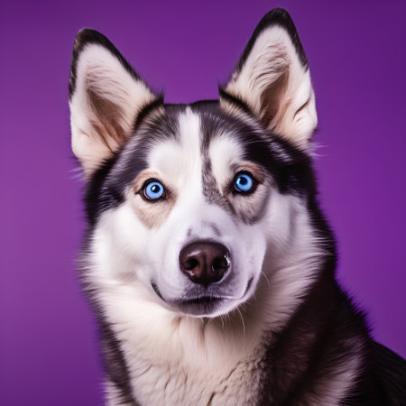 Portrait of a siberian husky dog with blue eyes on a purple backgroundの素材