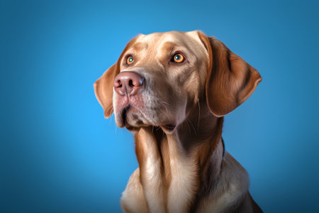 Labrador retriever dog portrait on blue background. Studio shot.の素材