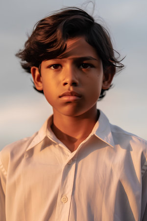 Portrait of a young boy in a white shirt on the background of the sunsetの素材