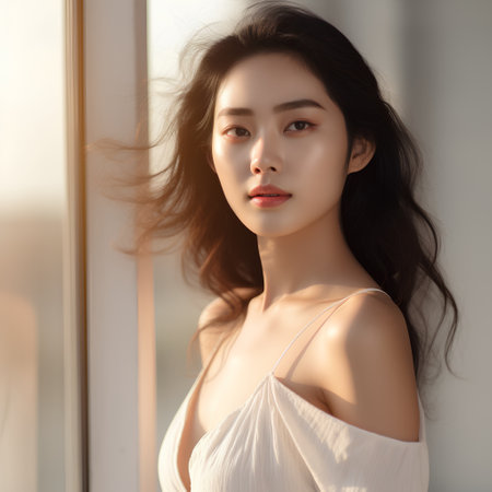 Beautiful asian woman in white dress standing near the window.の素材