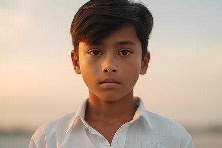 Portrait of a young Asian boy in a white shirt at sunset.の素材