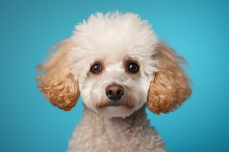 Studio shot of an adorable Poodle dog, isolated on blue background.の素材