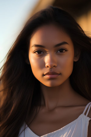 Close up portrait of a beautiful young asian woman on the beachの素材