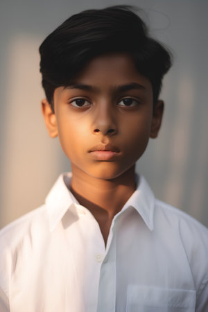 Portrait of a young indian boy in a white shirt.の素材