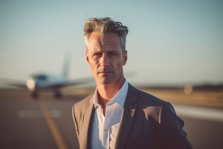 Portrait of confident mature businessman standing in airport with airplane in the backgroundの素材