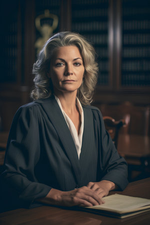 Portrait of a beautiful woman lawyer in a courtroom. Law concept.の素材