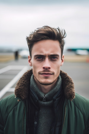 Portrait of a handsome young man in a green jacket and scarfの素材