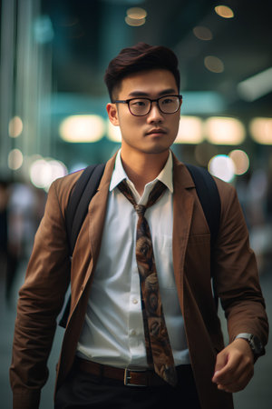 Portrait of young handsome asian businessman walking in the city.の素材