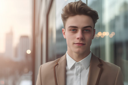 Portrait of a handsome young man in a business suit against the background of the city.の素材