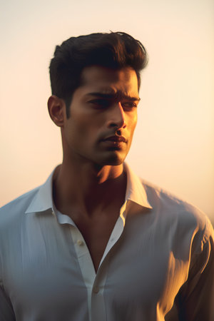 Portrait of handsome young man in white shirt on sunset background.の素材