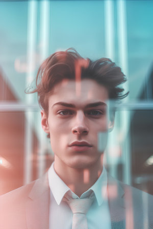 Portrait of handsome young businessman in office. Toned image.の素材