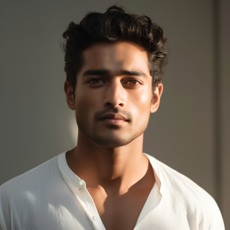 Portrait of a handsome young man in a white shirt. Men's beauty, fashion.の素材