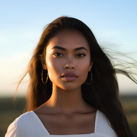 portrait of a beautiful girl with long hair on the background of the setting sunの素材