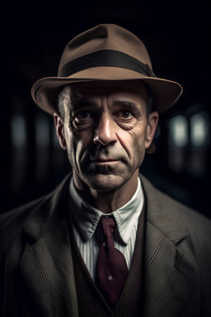 Photo pour Portrait of an old gangster in a hat and suit. - image libre de droit