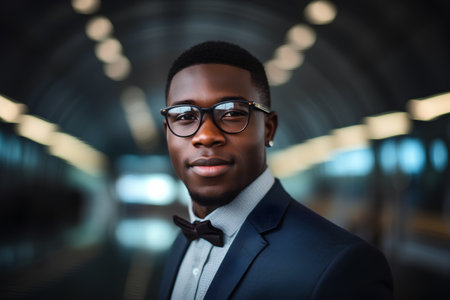 Portrait of a handsome young black man wearing a suit and bow tieの素材