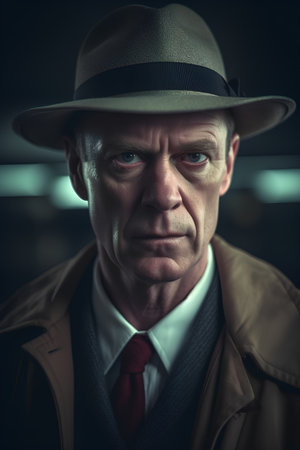 Portrait of an old man in a hat and coat on a dark backgroundの素材