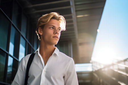 Portrait of a handsome young man in a white shirt outdoors.の素材