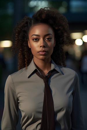 Portrait of a beautiful young african american businesswoman at nightの素材