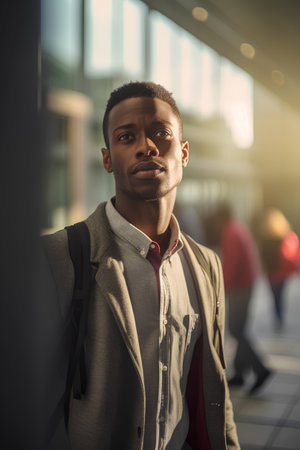 Portrait of young african american man looking at camera in airportの素材