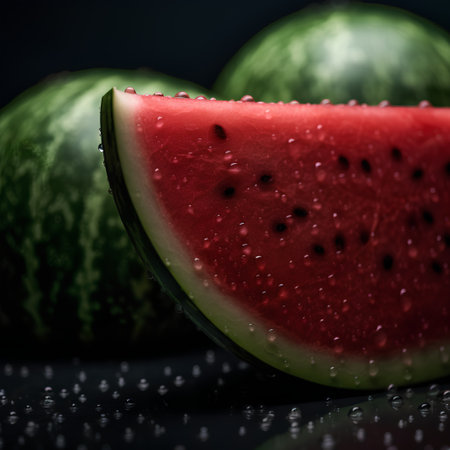 Fresh watermelon with water drops on black background. Close up.の素材