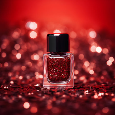 Nail polish bottle on red glitter background with bokeh effectの素材