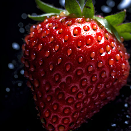 Strawberry with water drops on a black background. Macro.の素材