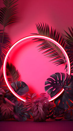Tropical background with palm leaves and neon light. Vector illustration.の素材