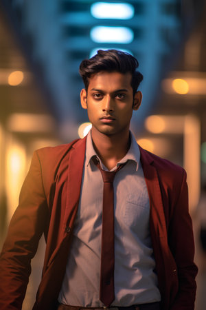 Portrait of young handsome indian man in the city at nightの素材