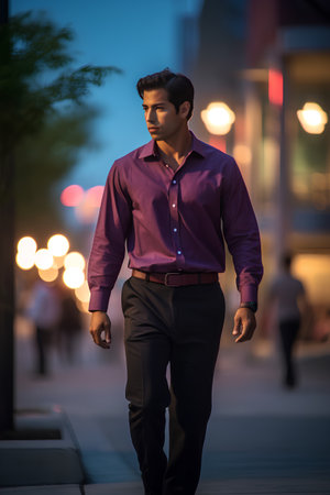 Young handsome Indian businessman walking in the city at night, wearing a purple shirt.の素材