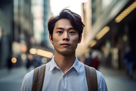 Portrait of handsome young asian man in the city at nightの素材