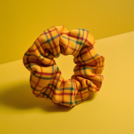 Orange checkered scarf on yellow background. Minimal summer concept.の素材