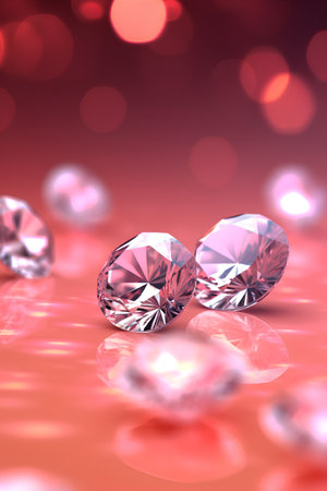 Diamonds on red bokeh background. 3D illustration.の素材