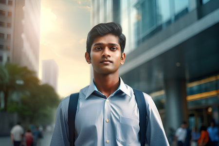 Portrait of a young indian man with backpack in the cityの素材