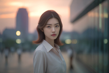 Asian business woman standing in the city at sunset, asian beautyの素材