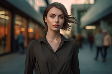 Portrait of a beautiful young woman in the city. Blurred background.の素材