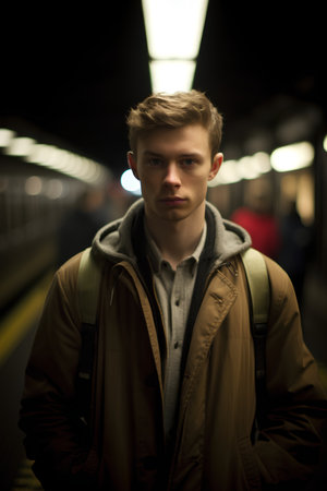 Portrait of a young man in the subway at night. Shallow depth of field.の素材