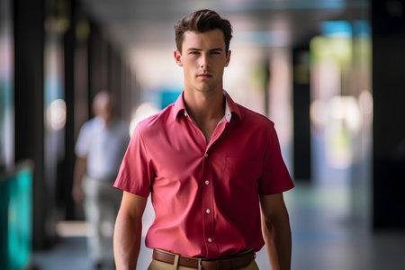 Portrait of a handsome young man in a red shirt standing in an officeの素材