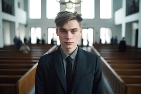 Young handsome man in a suit standing in a church and looking into the cameraの素材