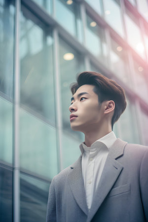 Portrait of young asian business man looking away, outdoor shotの素材