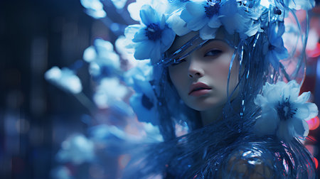 Beautiful young woman with blue flowers in her hair. Art portrait.の素材