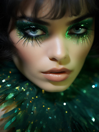 Portrait of beautiful young woman with green make-up and sparklesの素材